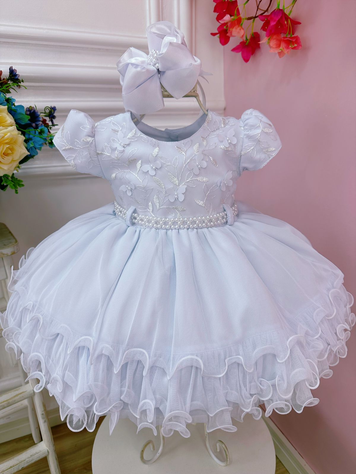 Vestido Infantil Branco Renda Aplique Borboletas Batizados