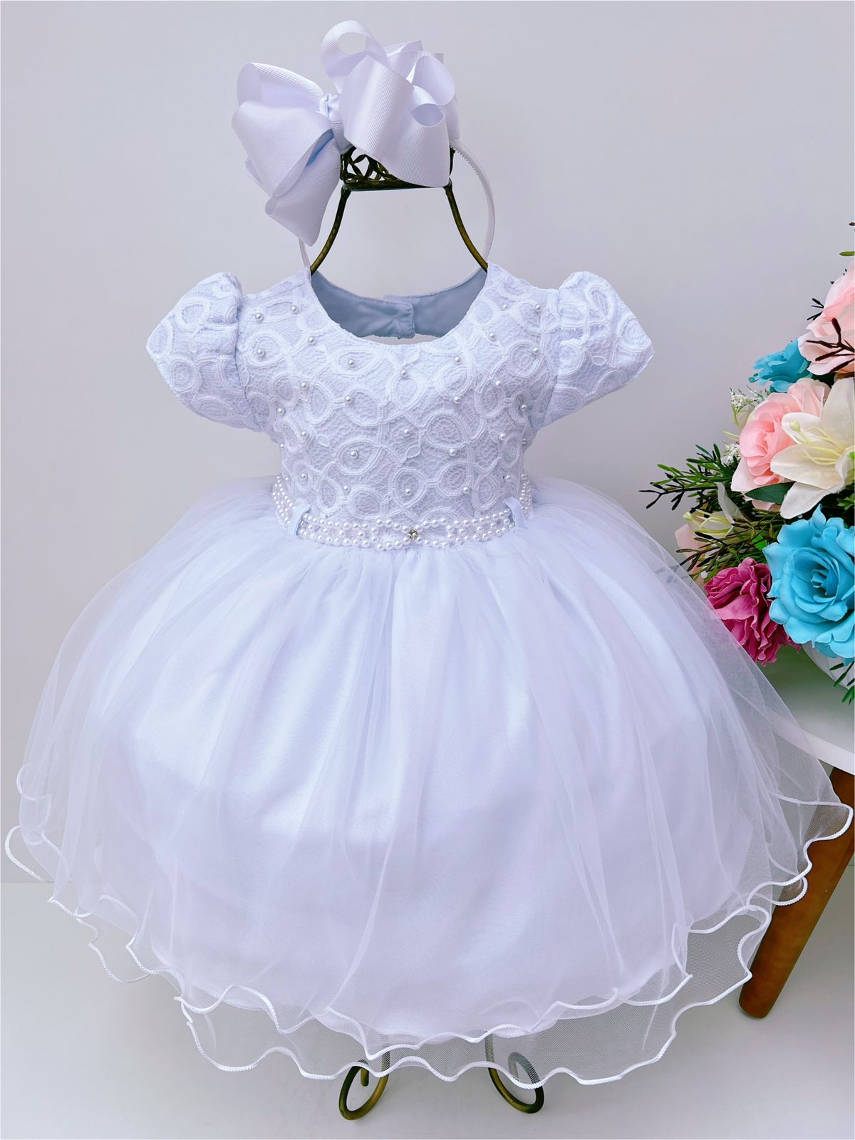 Vestido Infantil Branco Renda Batizado Bebê Pérolas Luxo