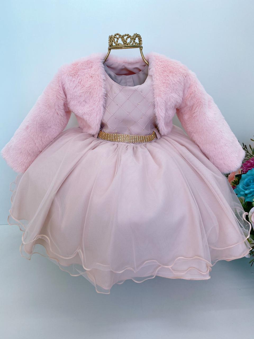 Vestido Infantil Nude Nervura Cinto Strass Com Bolero