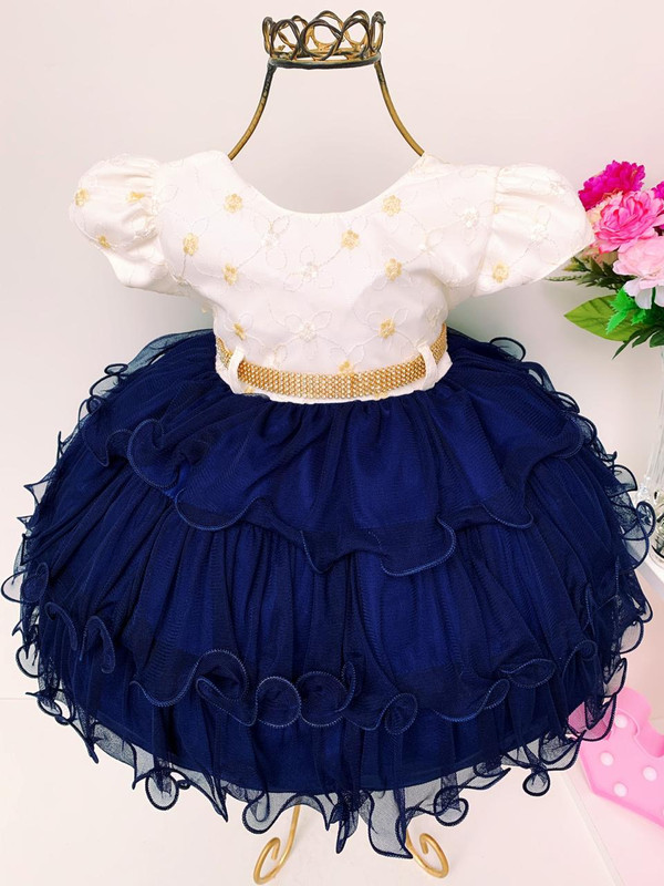 Vestido Infantil Off e Marinho Luxo Bebê com Babados Strass
