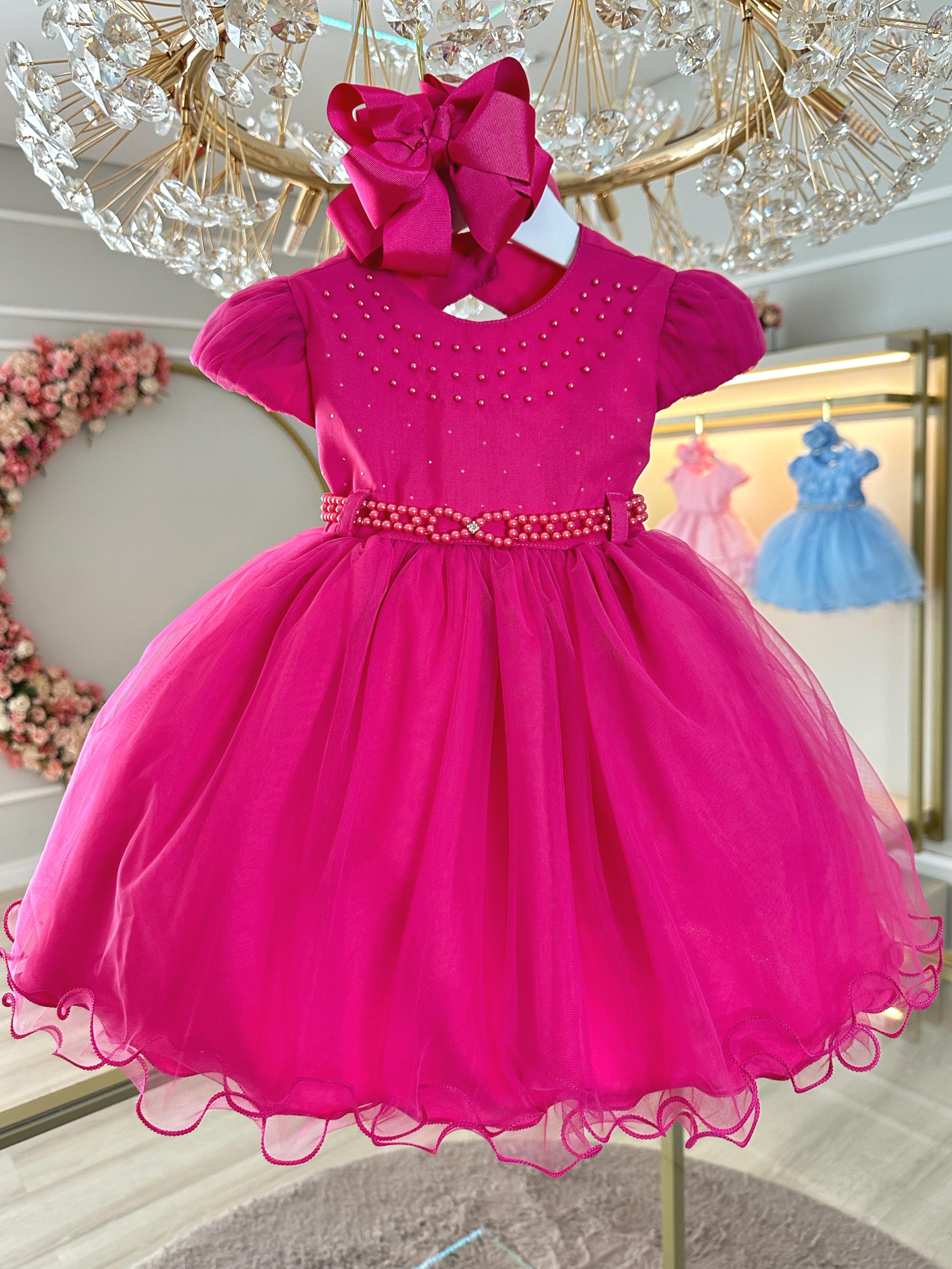 Vestido Infantil Pink Busto Com Pérolas Batizados
