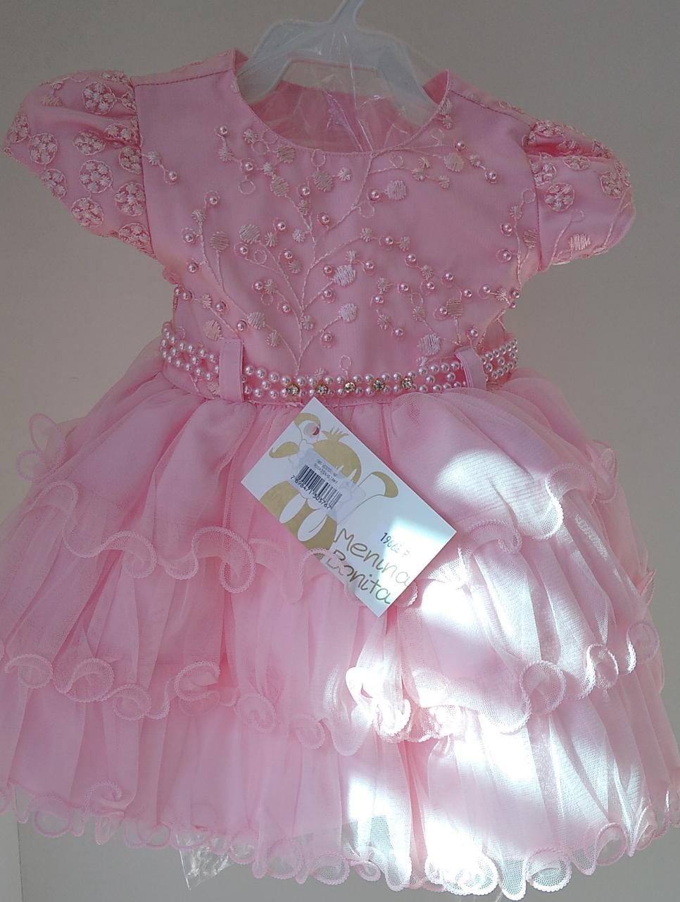 Vestido Infantil Rosa Babados Renda Cinto de Perolas