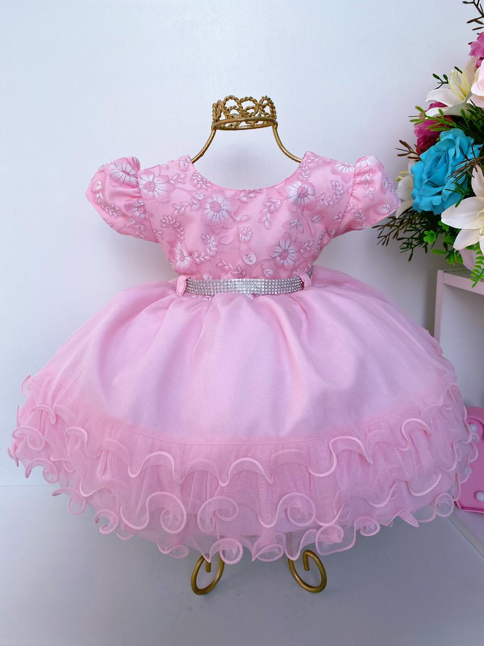 Vestido Infantil Rosa Batizado Renda Cinto Strass e Babados