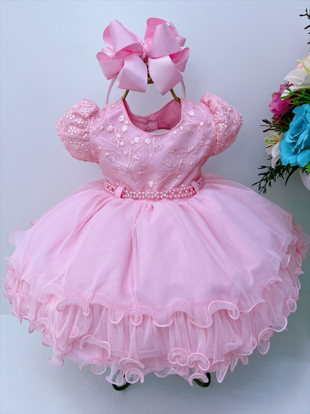 Vestido Infantil Rosa C/ Renda e Strass Pérolas Baby