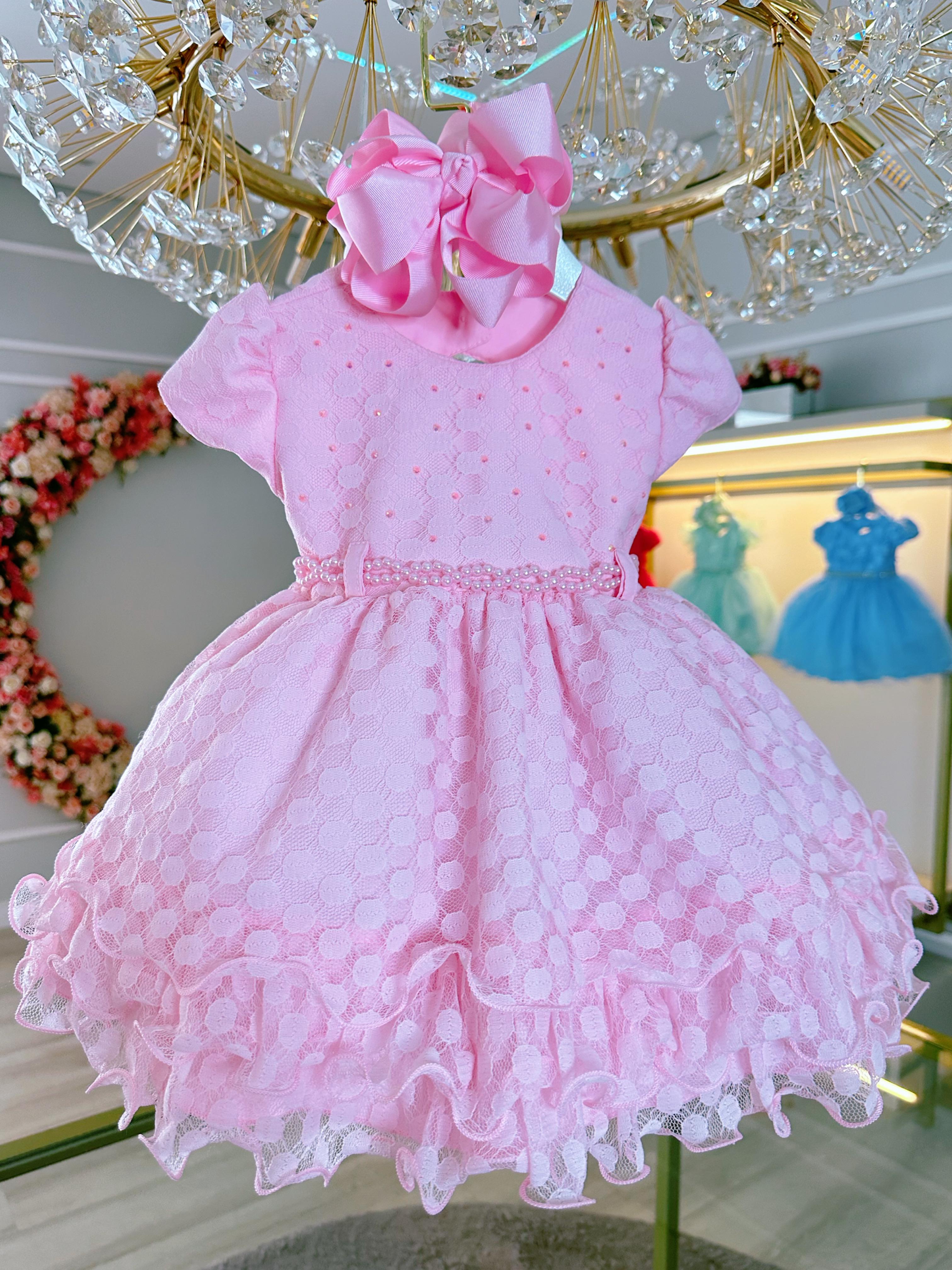 Vestido Infantil Rosa Claro Busto Com Strass Babados Batizado