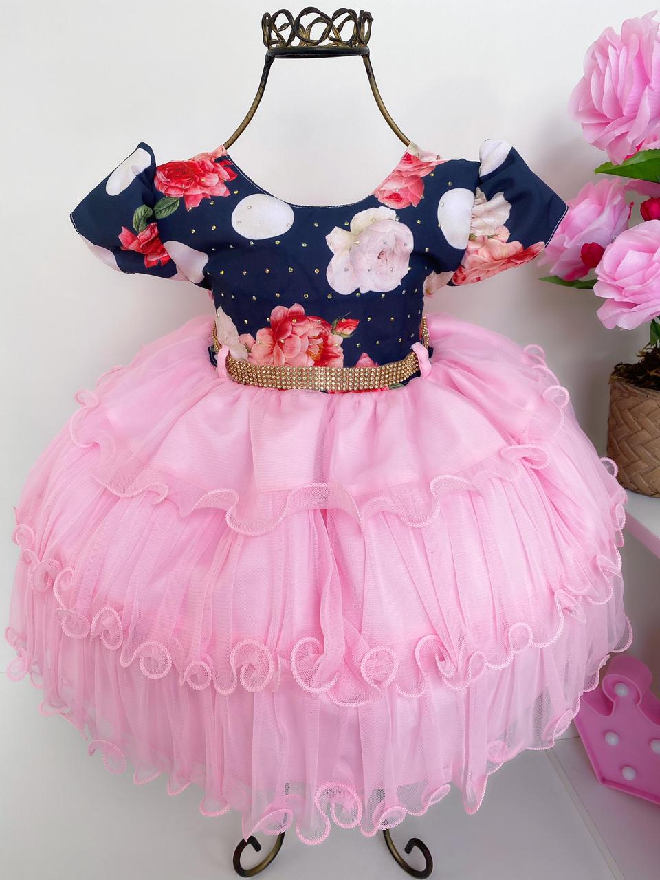 Vestido Infantil Rosa Floral Azul Marinho Babados Strass
