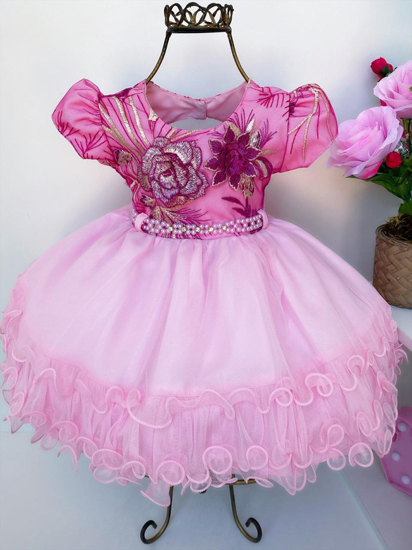 Vestido Infantil Rosa Rendado e Babados Luxo Cinto Pérolas