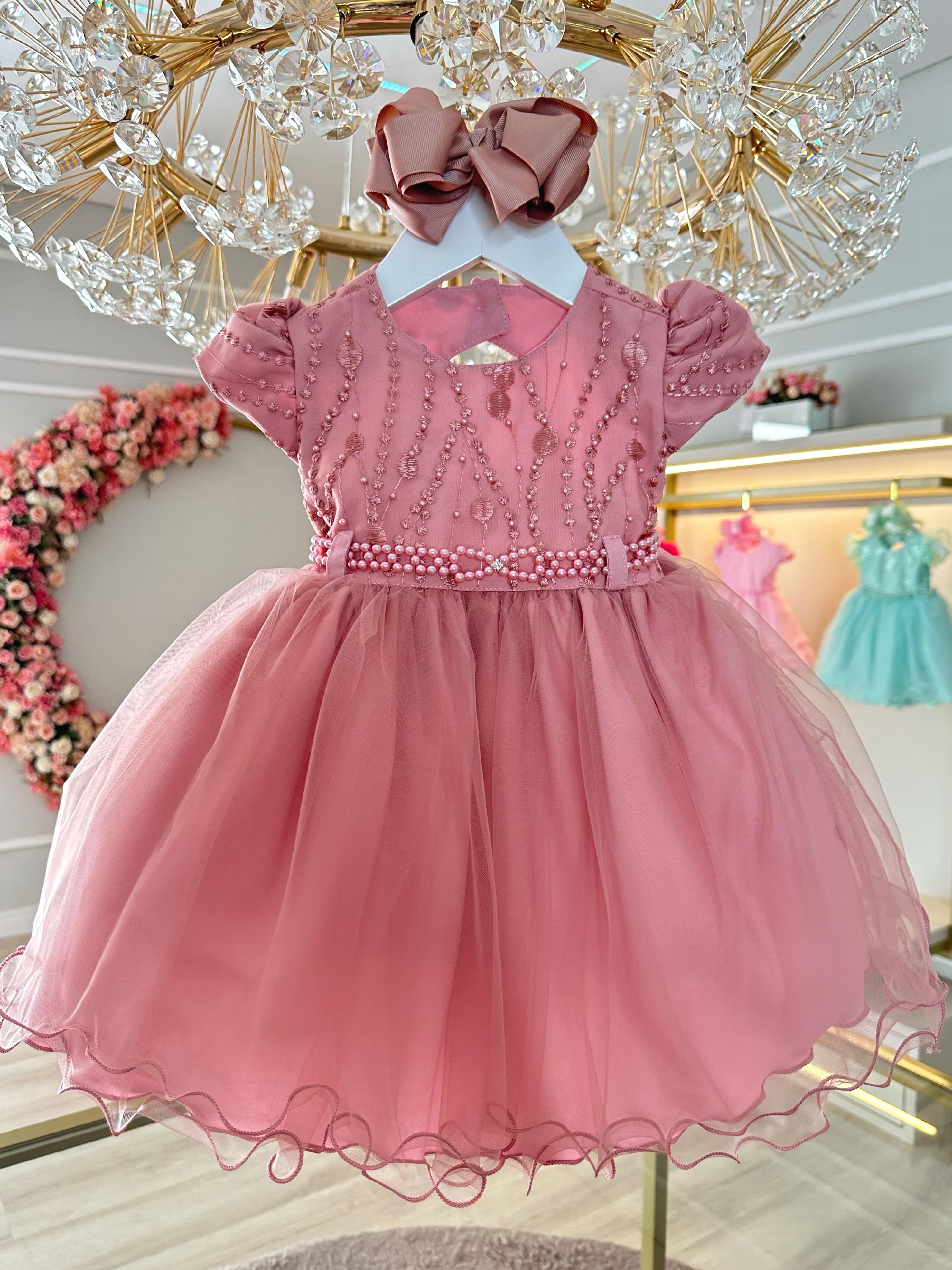Vestido Infantil para Bebês Rose Busto Com Renda e Pérolas Batizados