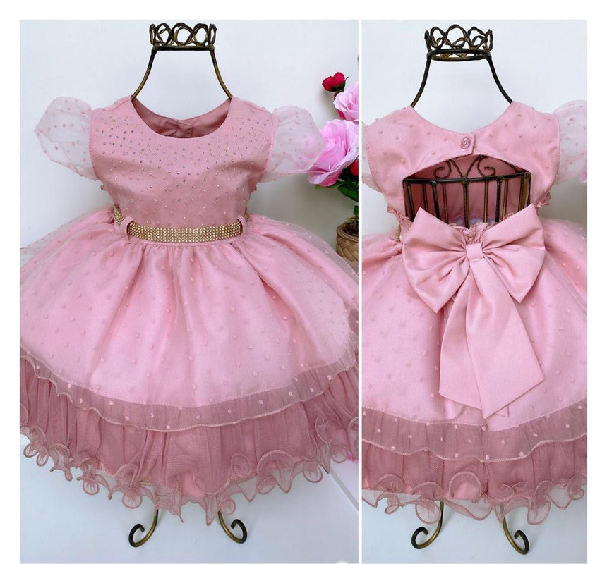 Vestido Infantil Rosê Luxo Babados Cinto Strass