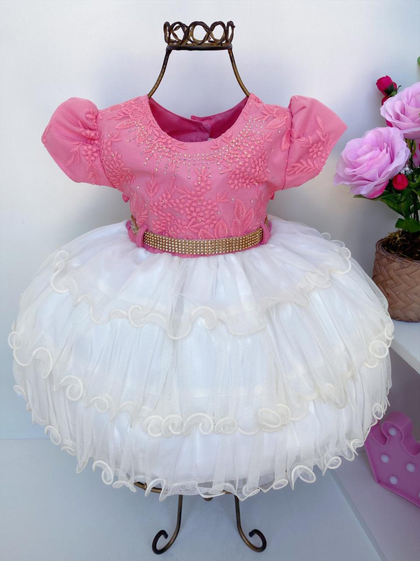 Vestido Infantil Salmão e Saia Off White Babados Cinto Stras