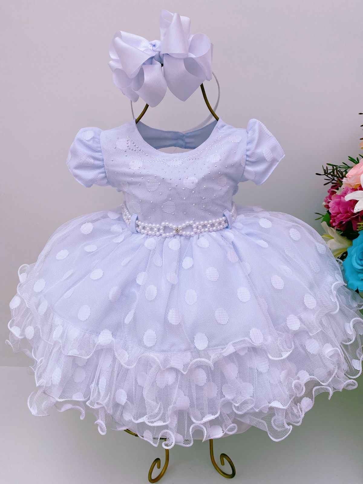 Vestido Infantil Tule Babado Bolas Branco