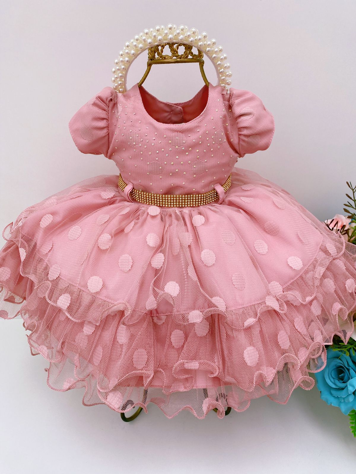 Vestido Infantil Tule Babado Bolas Rosê