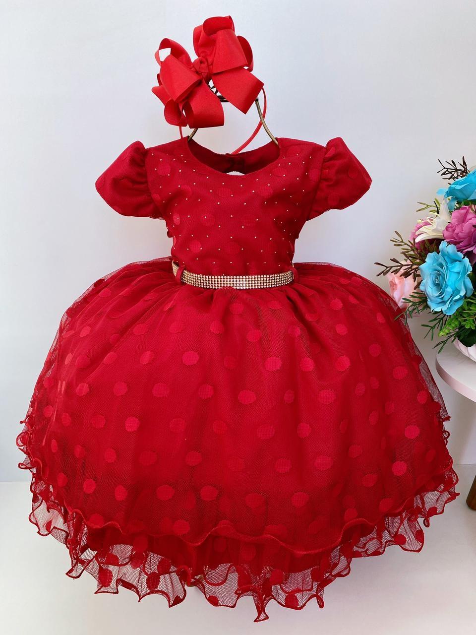 Vestido Infantil Tule e Babado Bolas Vermelho