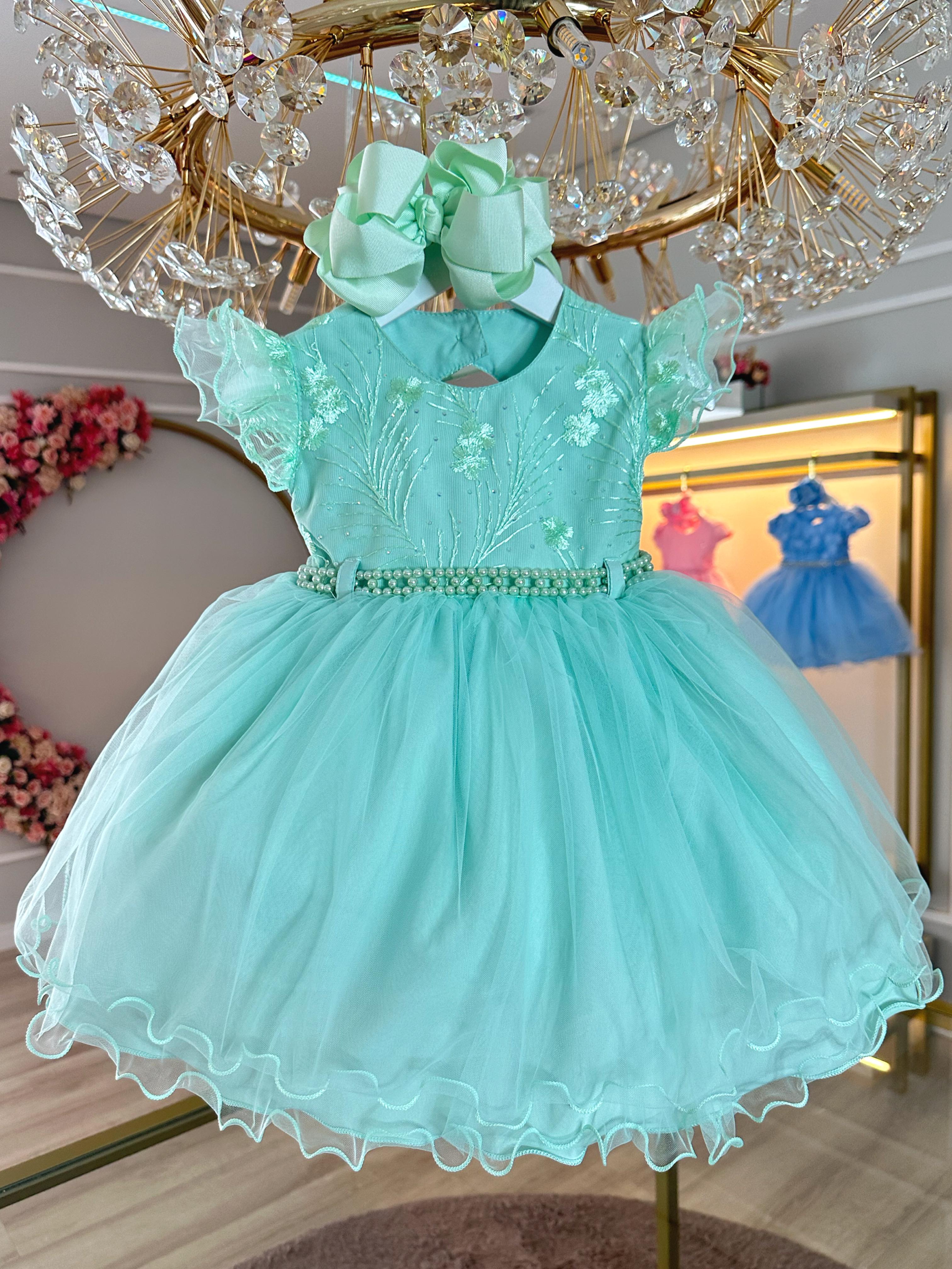 Vestido Infantil Verde Busto Com Renda e Strass Batizados