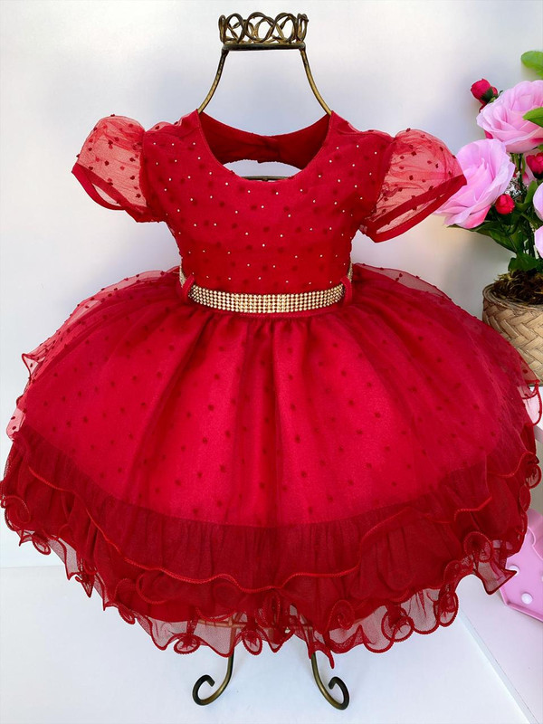 Vestido Infantil Vermelho Brilho Luxo Cinto Strass Princesas