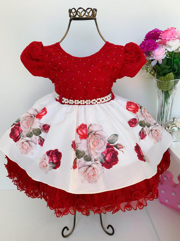 Vestido Infantil Vermelho Floral Luxo Princesas Pérolas