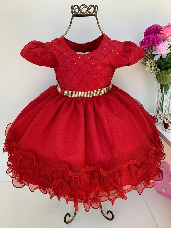 Vestido Infantil Vermelho Luxo Princesas Babados e Strass