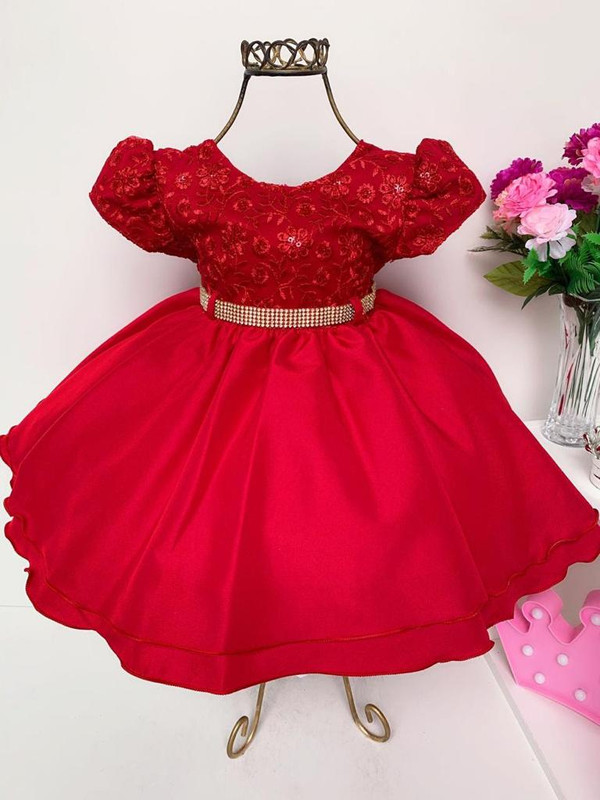 Vestido Infantil Vermelho Princesas Luxo Festa Aniversário