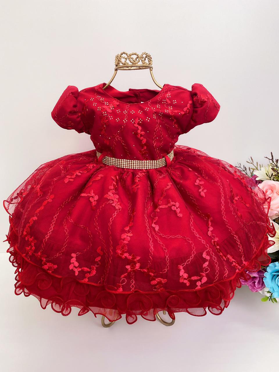 Vestido Infantil Vermelho Renda e Babados Luxo Strass