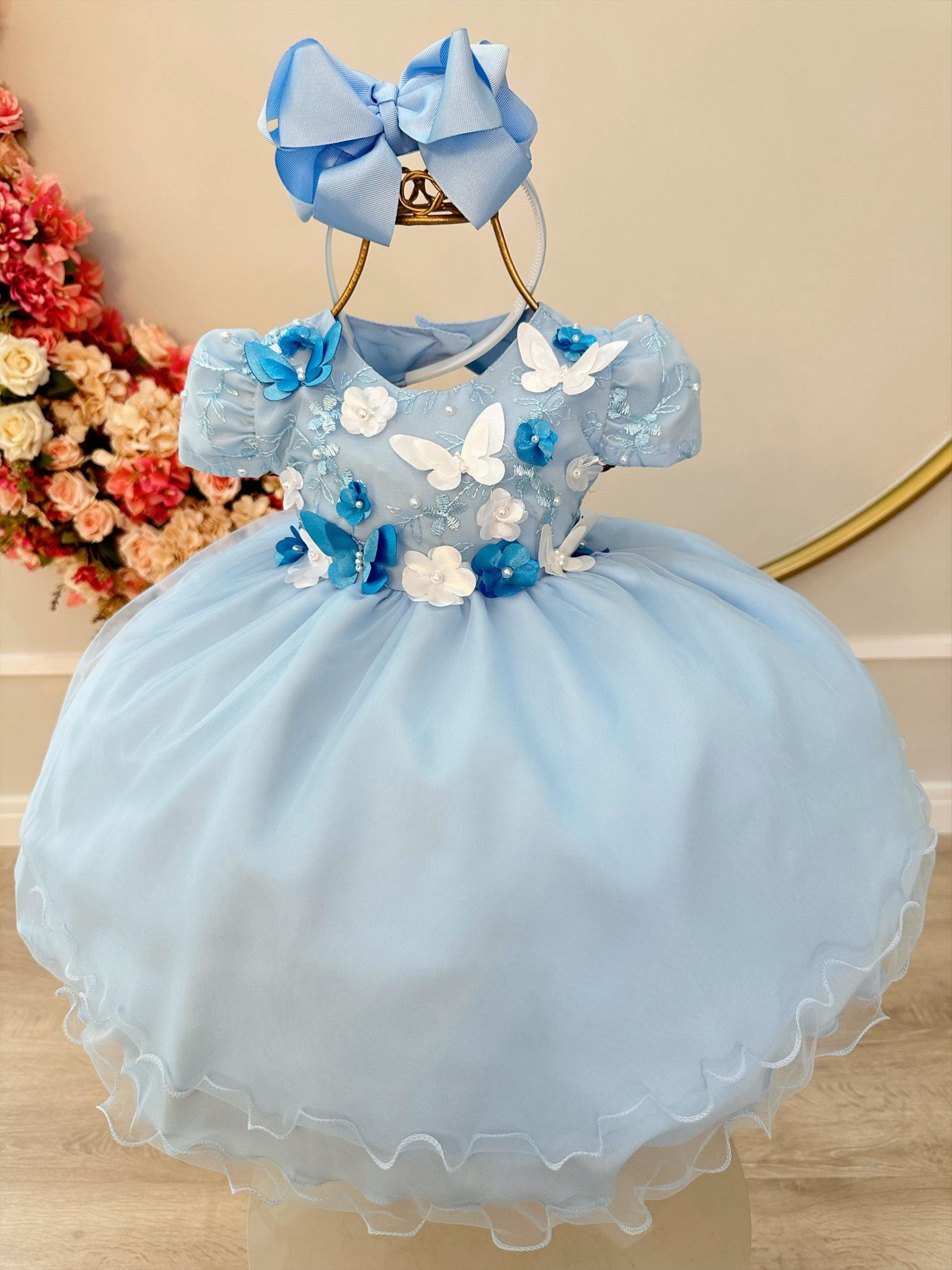 Vestido Infantil Bebê Azul C/ Renda Jardim Encantado Festa