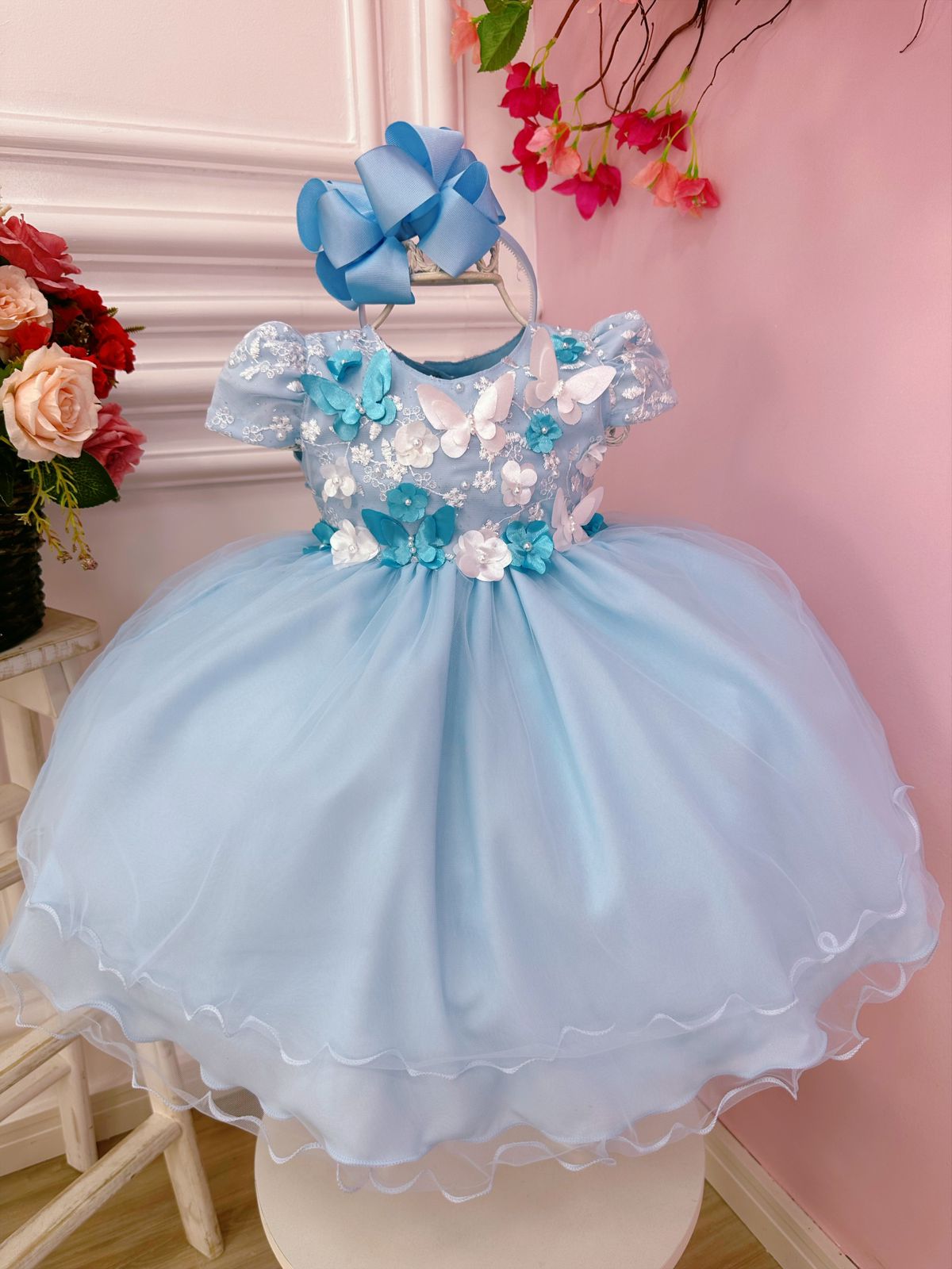 Vestido Infantil Bebê Azul C/ Renda Jardim Encantado Pérolas