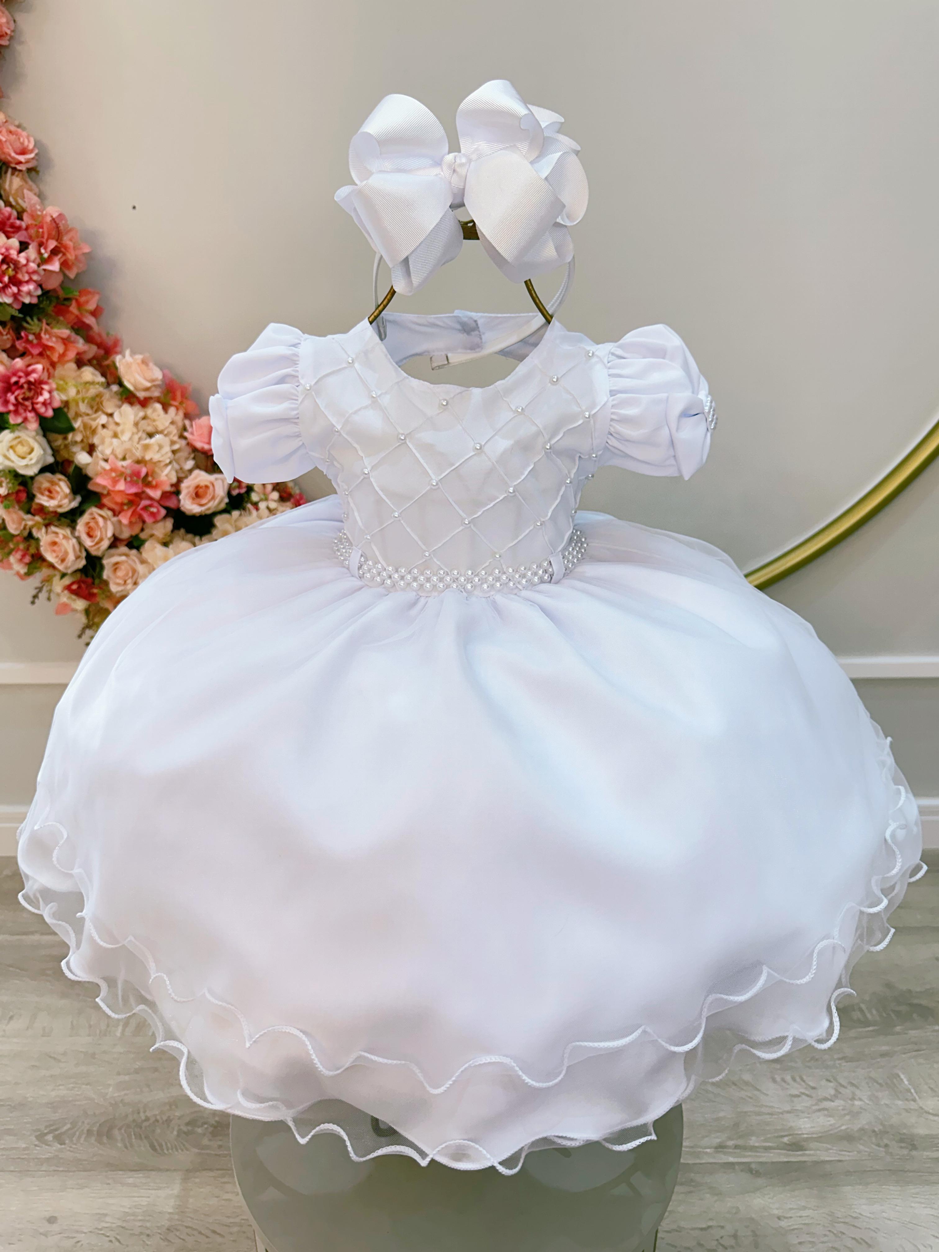 Vestido Infantil Bebê Branco C/ Busto Nervura Batizados