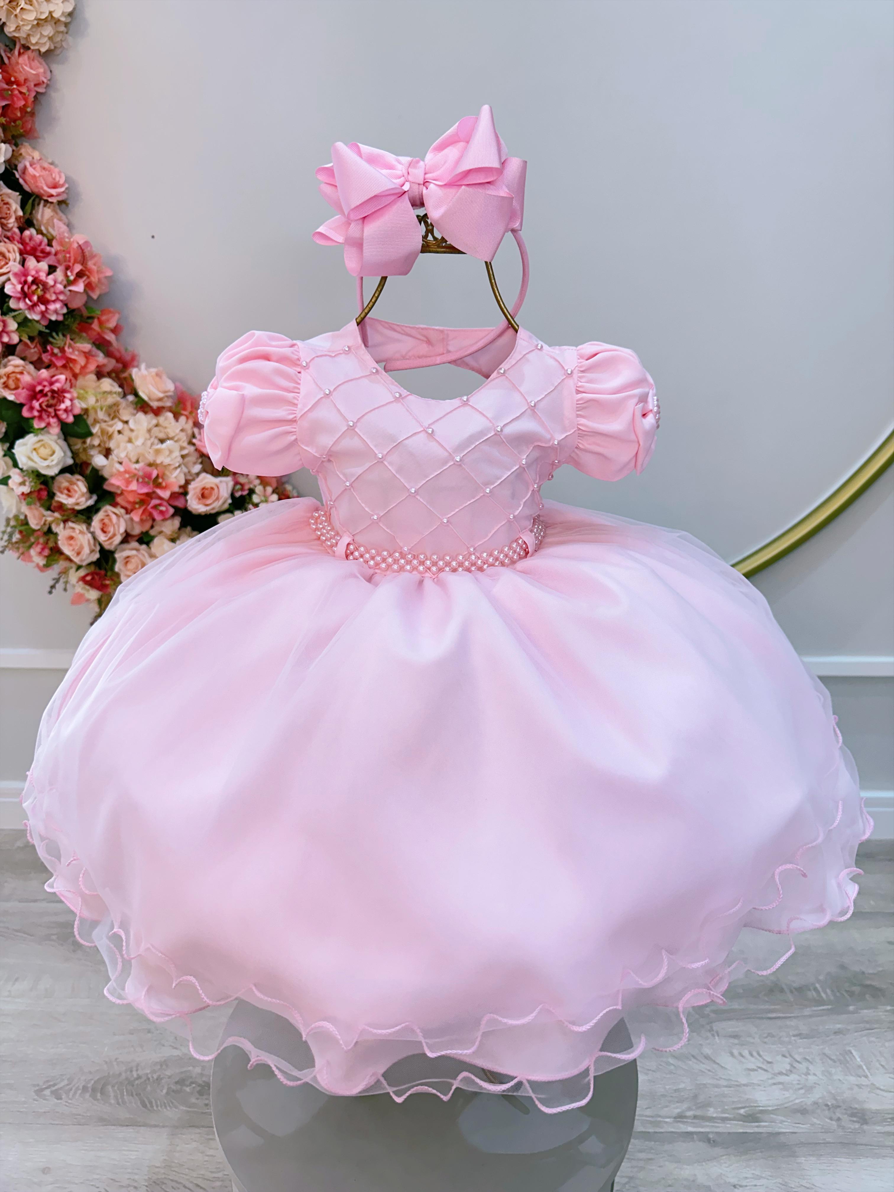 Vestido Infantil Bebê Rosa C/ Busto Nervura Batizados