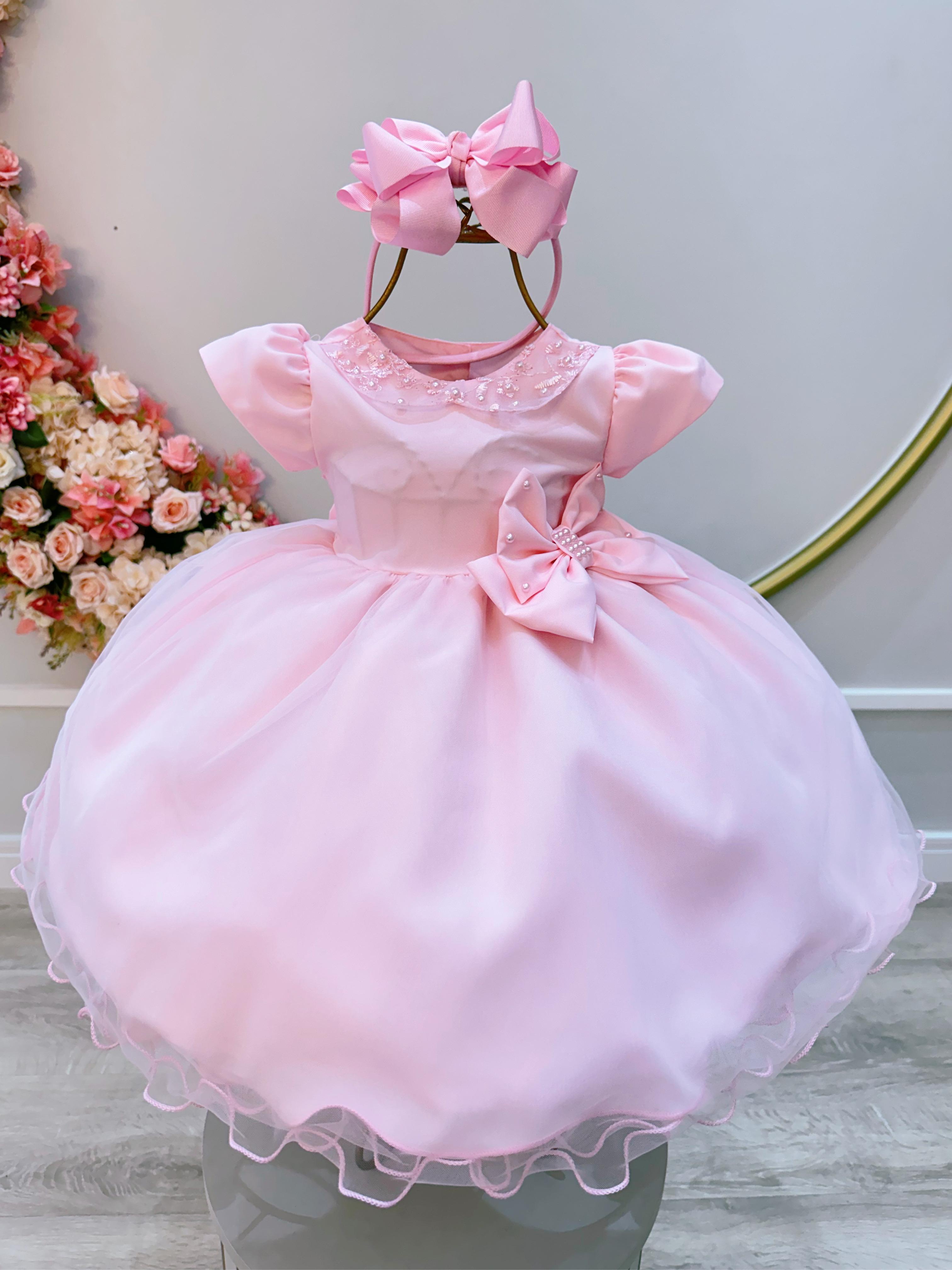 Vestido Infantil Bebê Rosa C/ Pérolas e Broche Laço Batizados