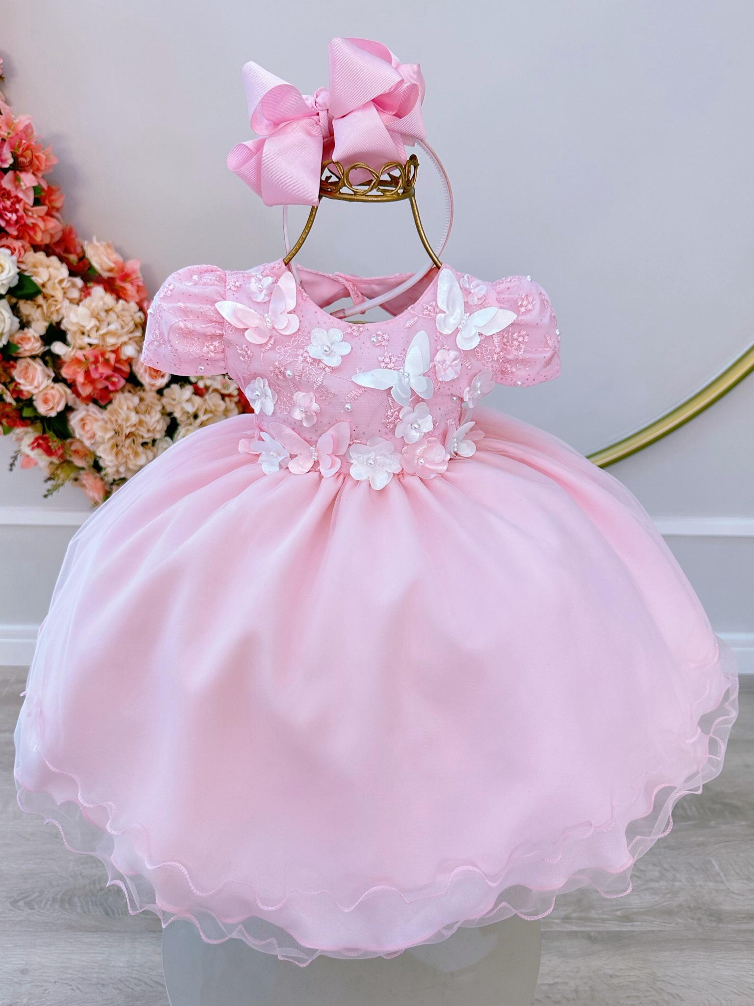 Vestido Infantil Bebê Rosa C/ Renda Jardim Encantado Pérolas