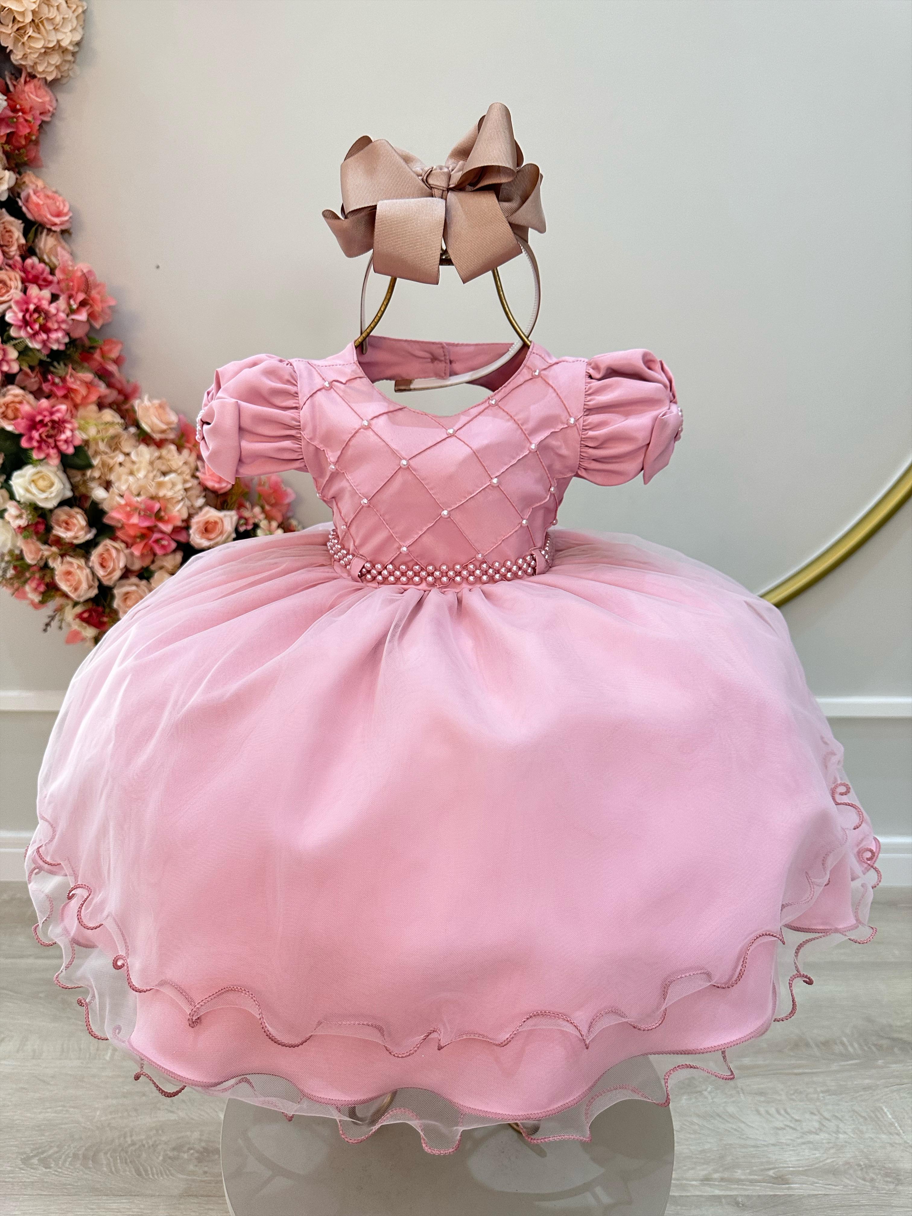 Vestido Infantil Bebê Rose C/ Busto Nervura Batizados