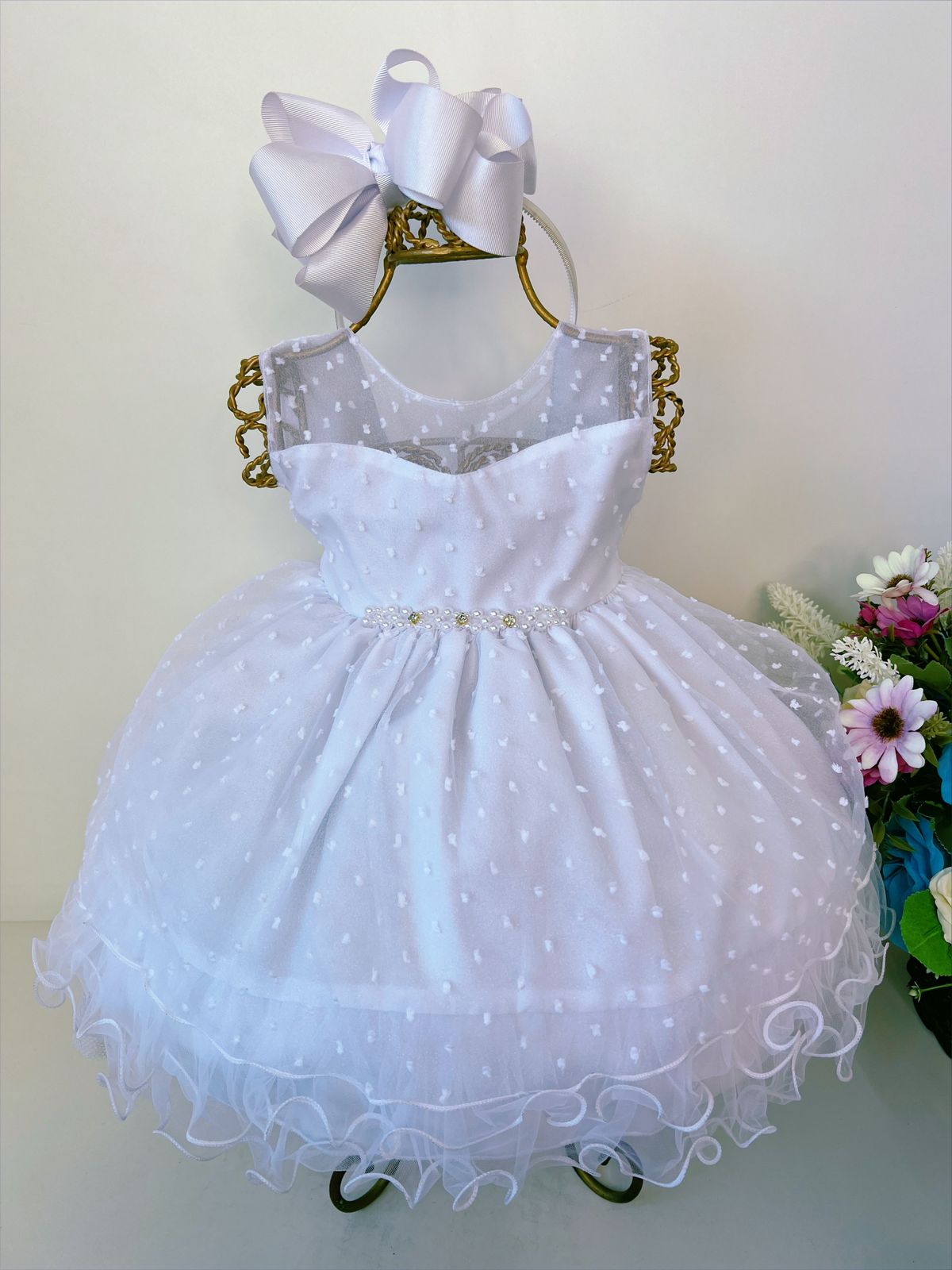 Vestido Infantil Bebê Branco C/ Bolinas Strass e Pérolas
