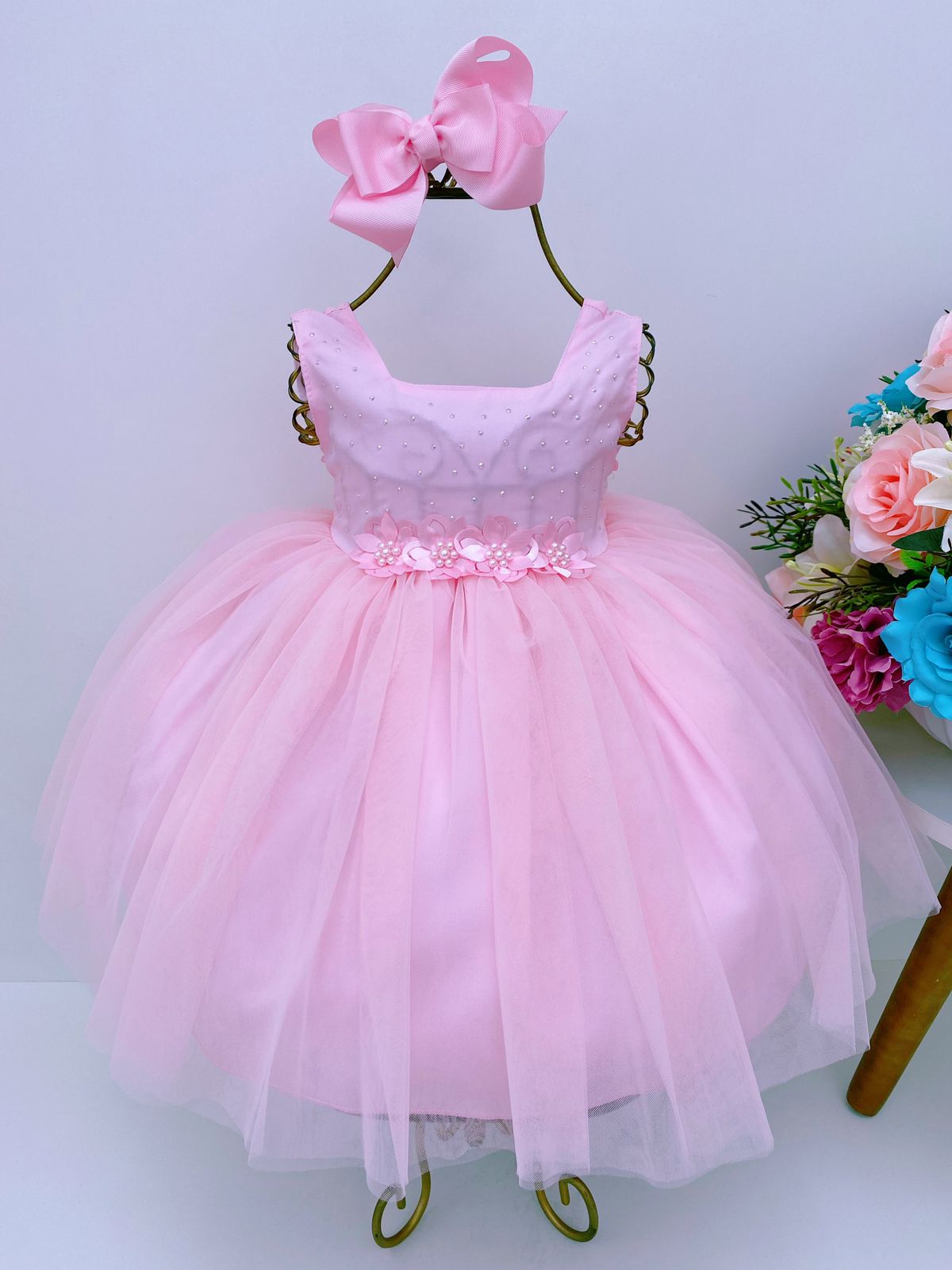 Vestido Infantil Bebê Rosa Batizado Aplique Flores Pérolas