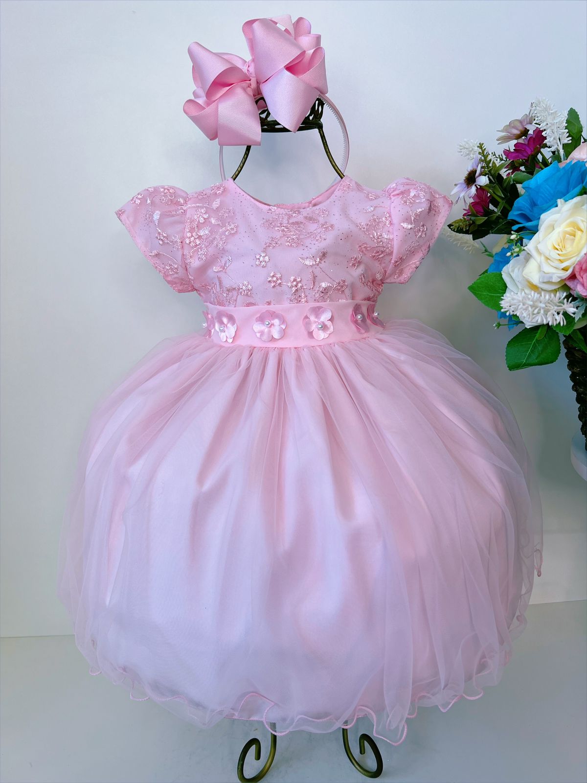 Vestido Infantil Bebê Rosa C/ Renda Aplique Flores Pérolas