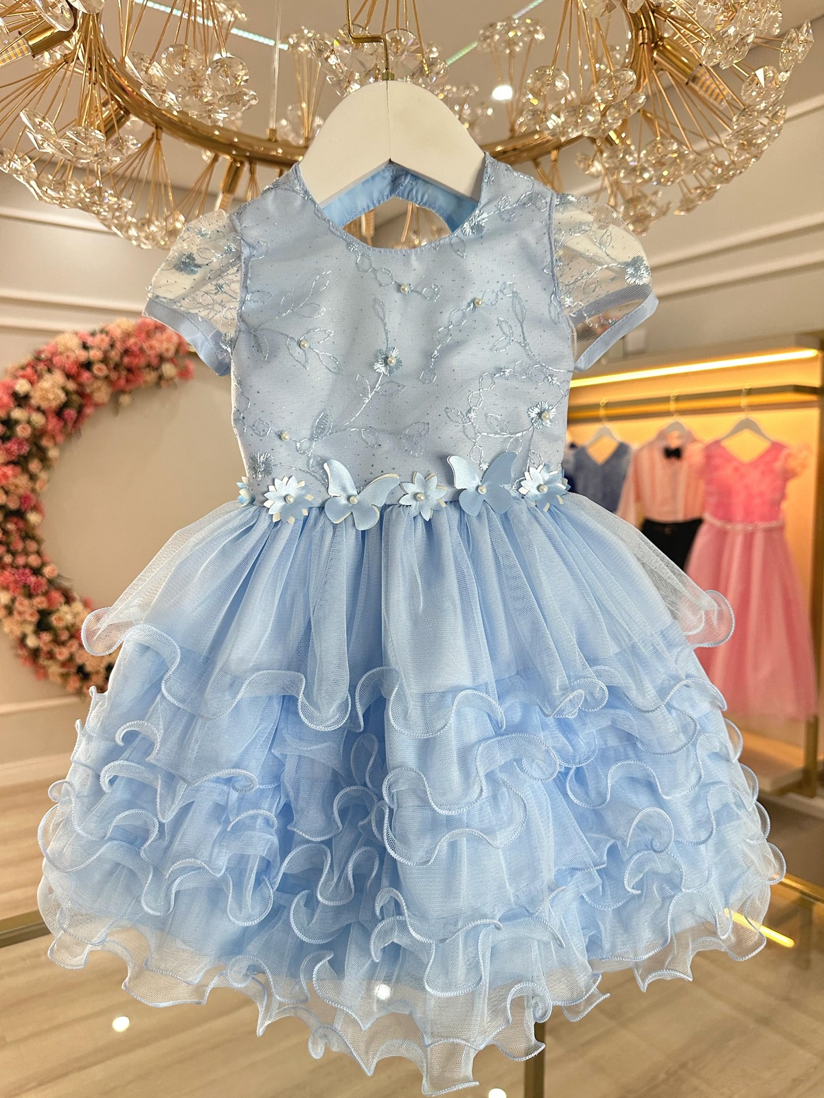 Vestido Bebê Azul Claro Jardim Encantado Batizado Festas