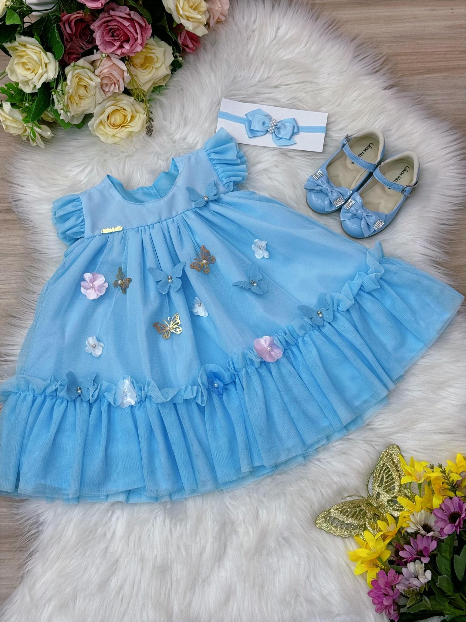 Vestido Infantil Bebê Azul Bebê Jardim Encantado Luxo - Rosa Charmosa ...