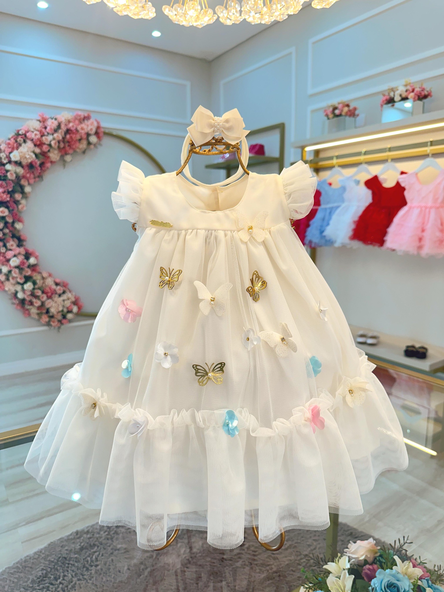 Vestido Infantil Bebê Marfim Jardim Encantado Luxo