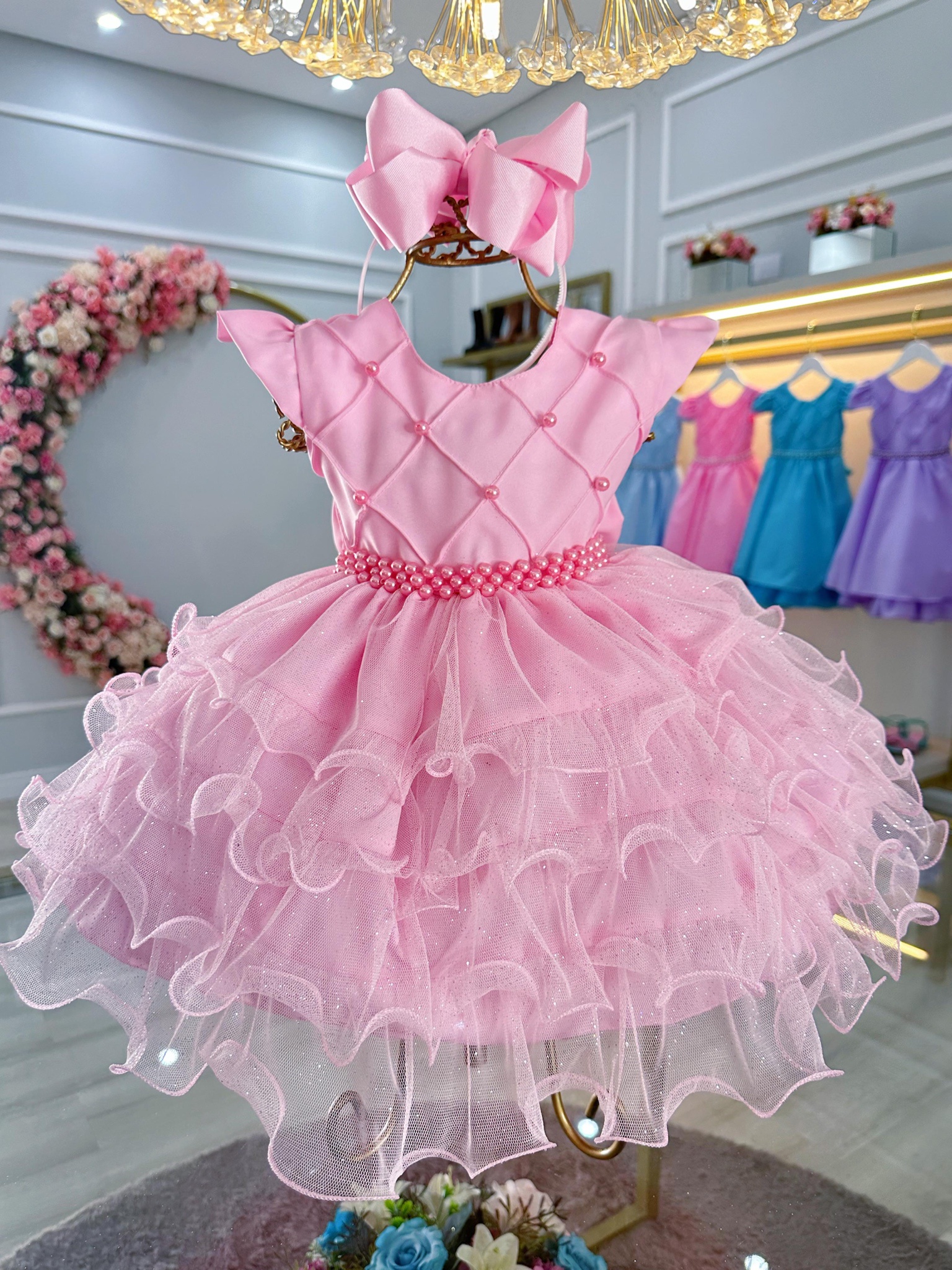 Vestido Bebê Batizado Festas Rosa Saia Com Babados Luxo