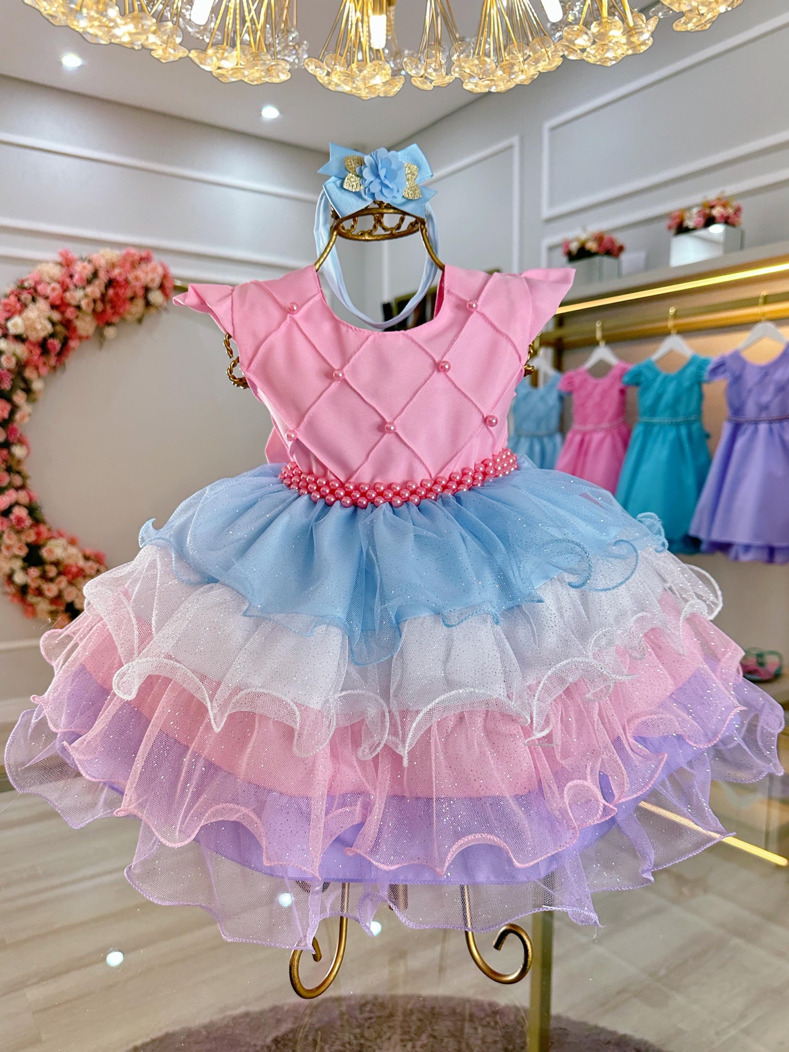 Vestido Bebê Rosa Busto Com Nervura Saia Babados Coloridos
