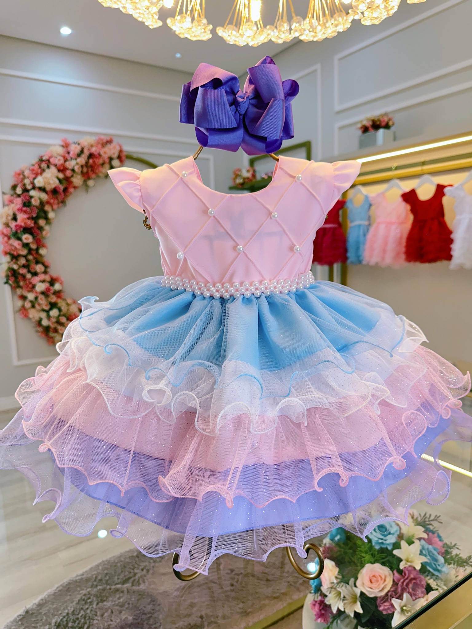 Vestido Bebê Rosa Busto Nervura Saia Babados Coloridos