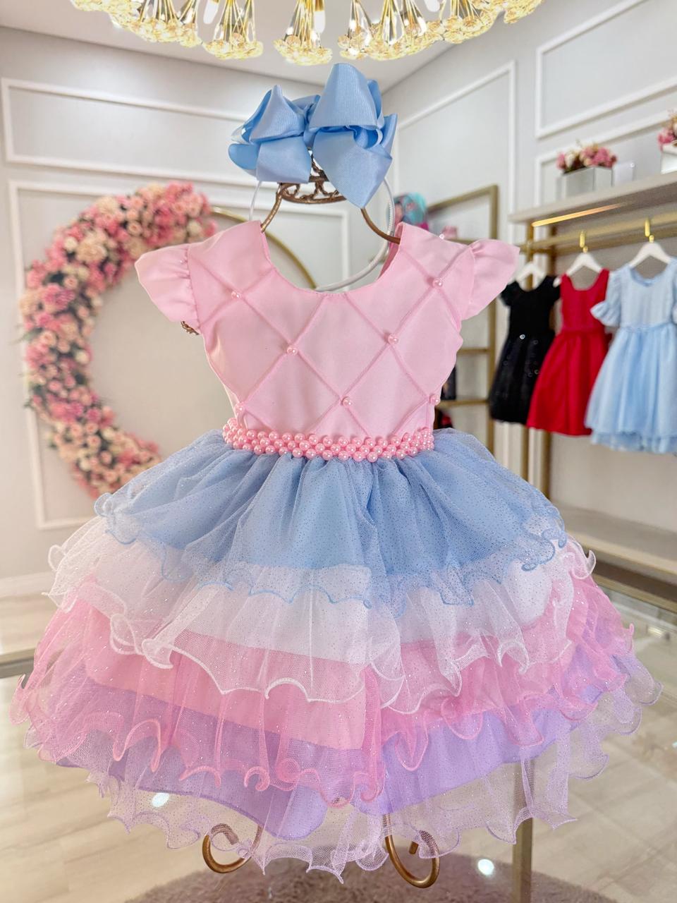 Vestido Bebê Rosa Busto Nervura Saia com Babados Coloridos