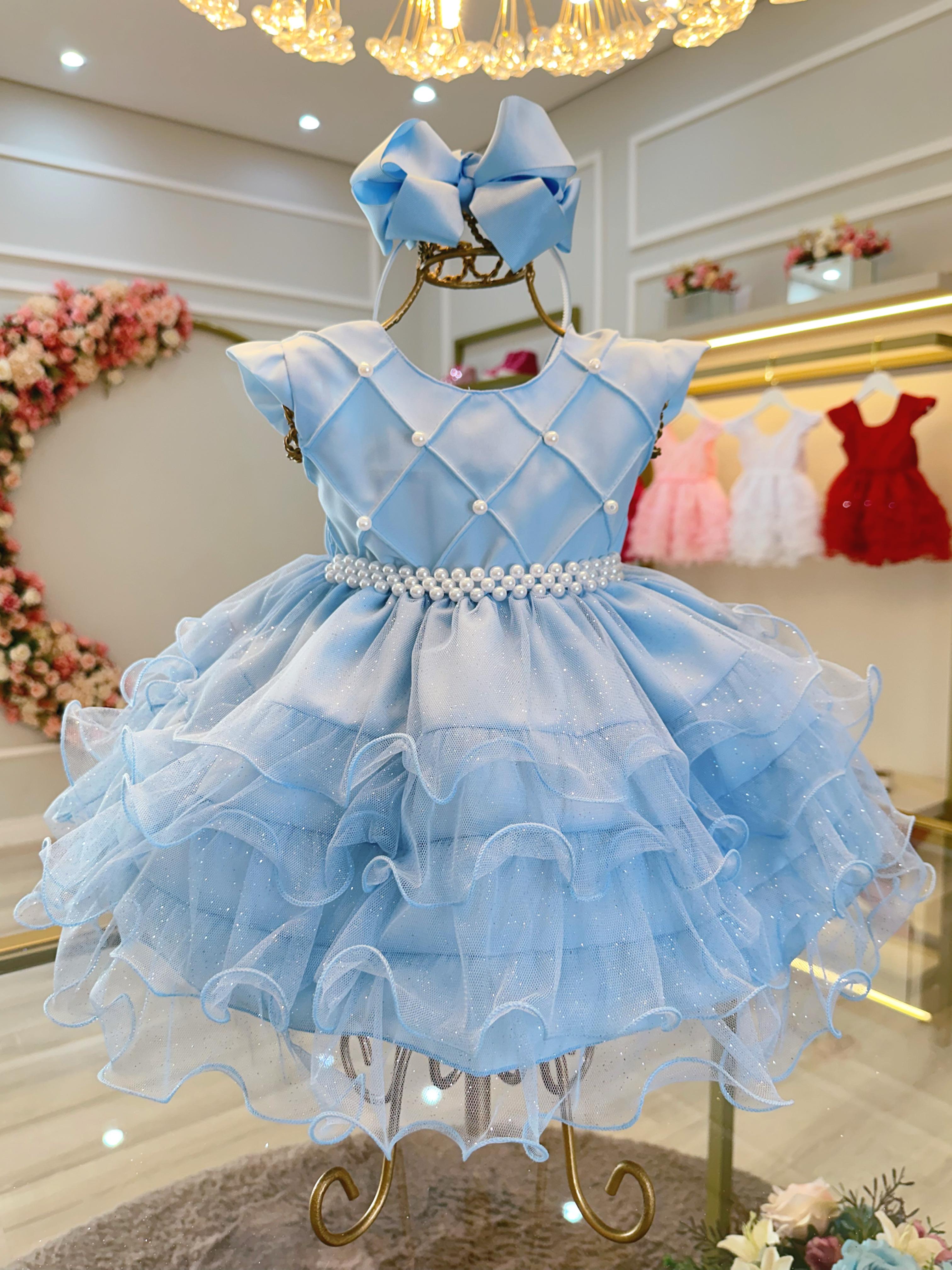 Vestido Infantil Batizado Azul Claro Saia Com Babados Luxo