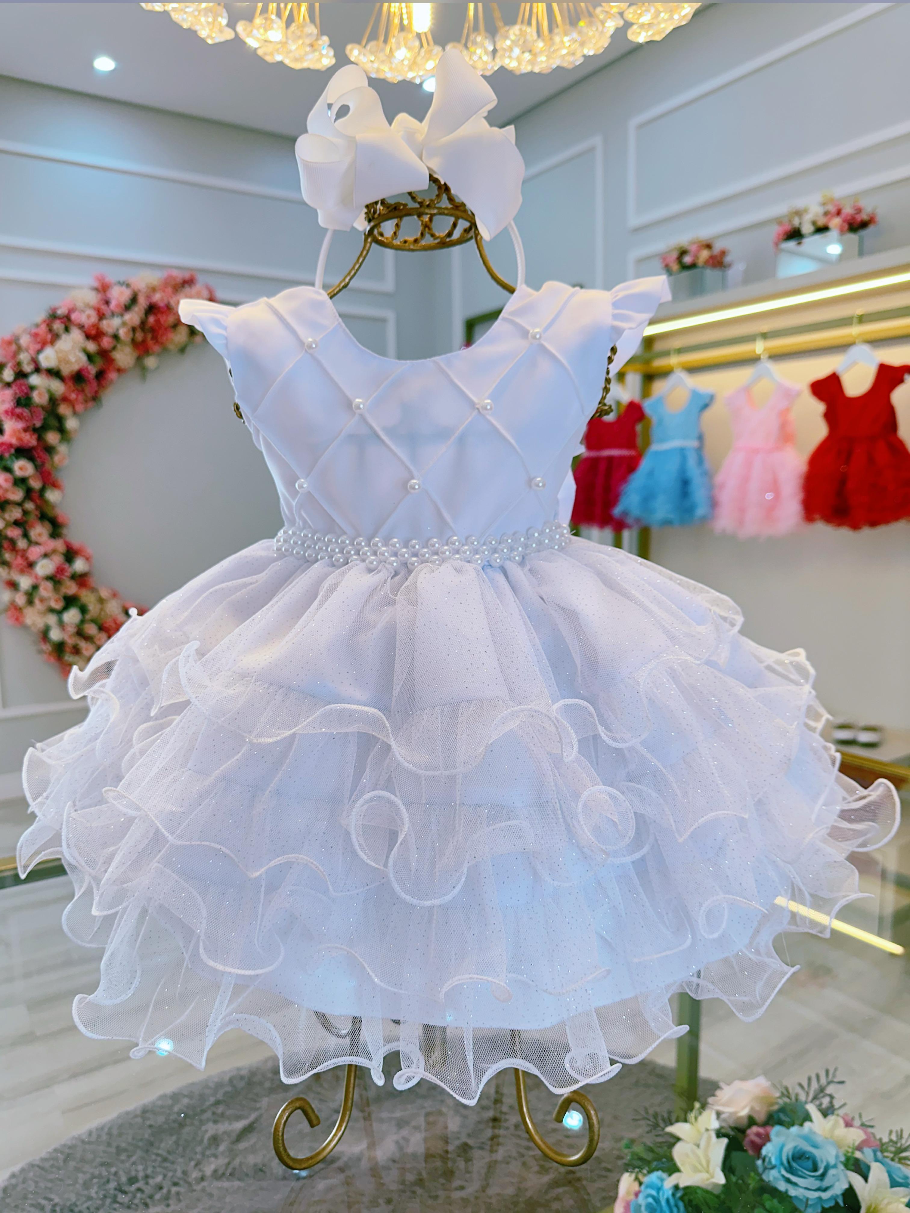 Vestido Infantil Batizado Branco Saia Com Babados Luxo