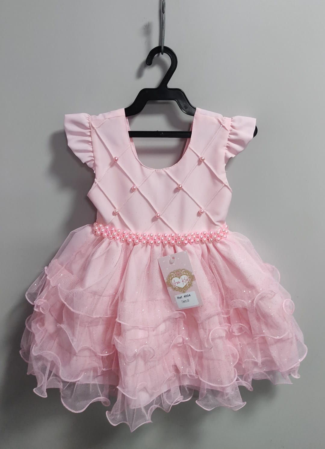 Vestido Infantil Batizado Rosa Claro Saia Com Babados Luxo