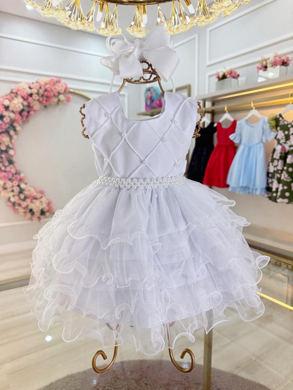 Vestido Infantil Bebê Batizado Branco Saia C/ Babados Luxo
