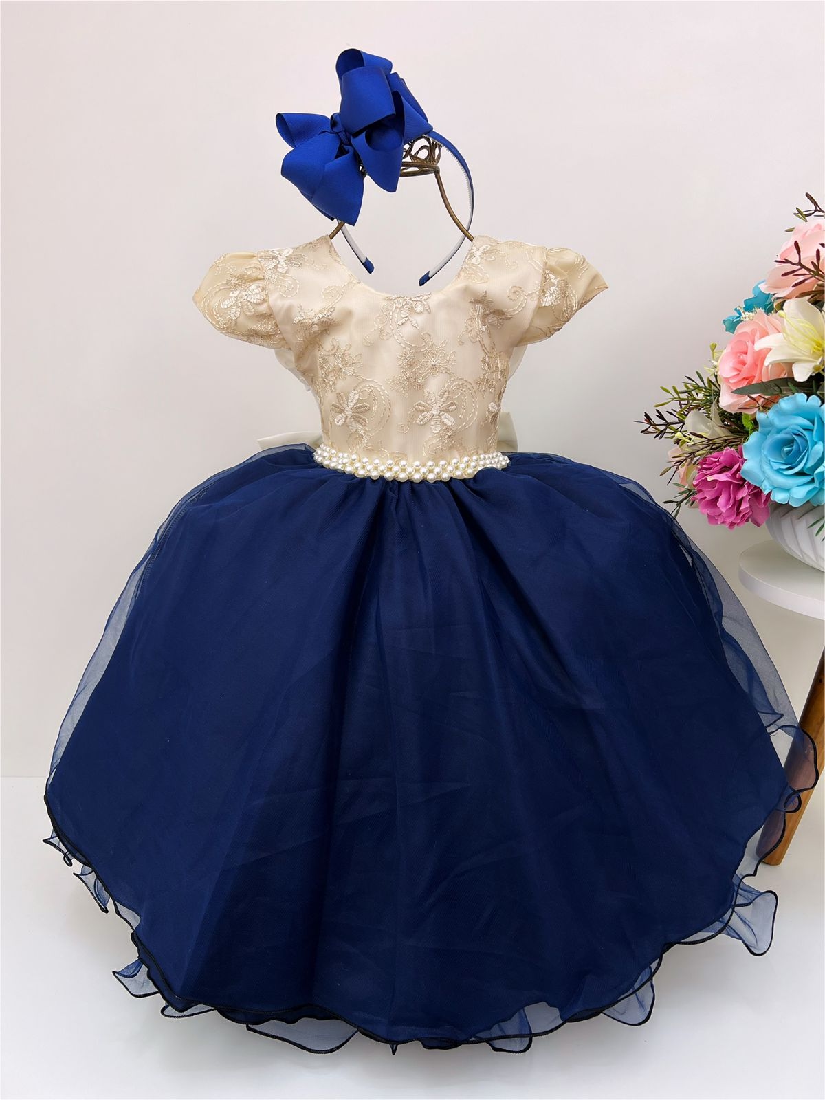 Vestido Infantil Azul Escuro e Marfim Renda Cinto Pérolas