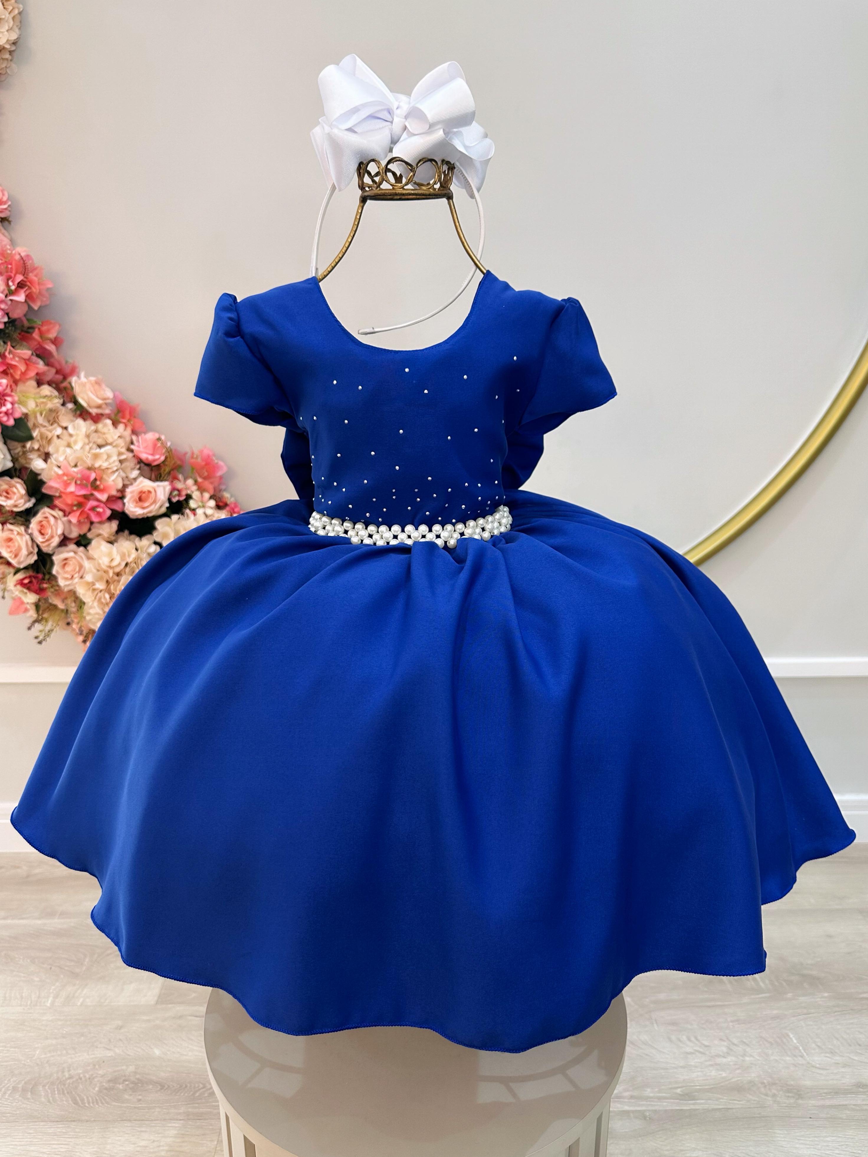 Vestido Infantil Azul Royal Busto Com Strass Luxo Daminhas