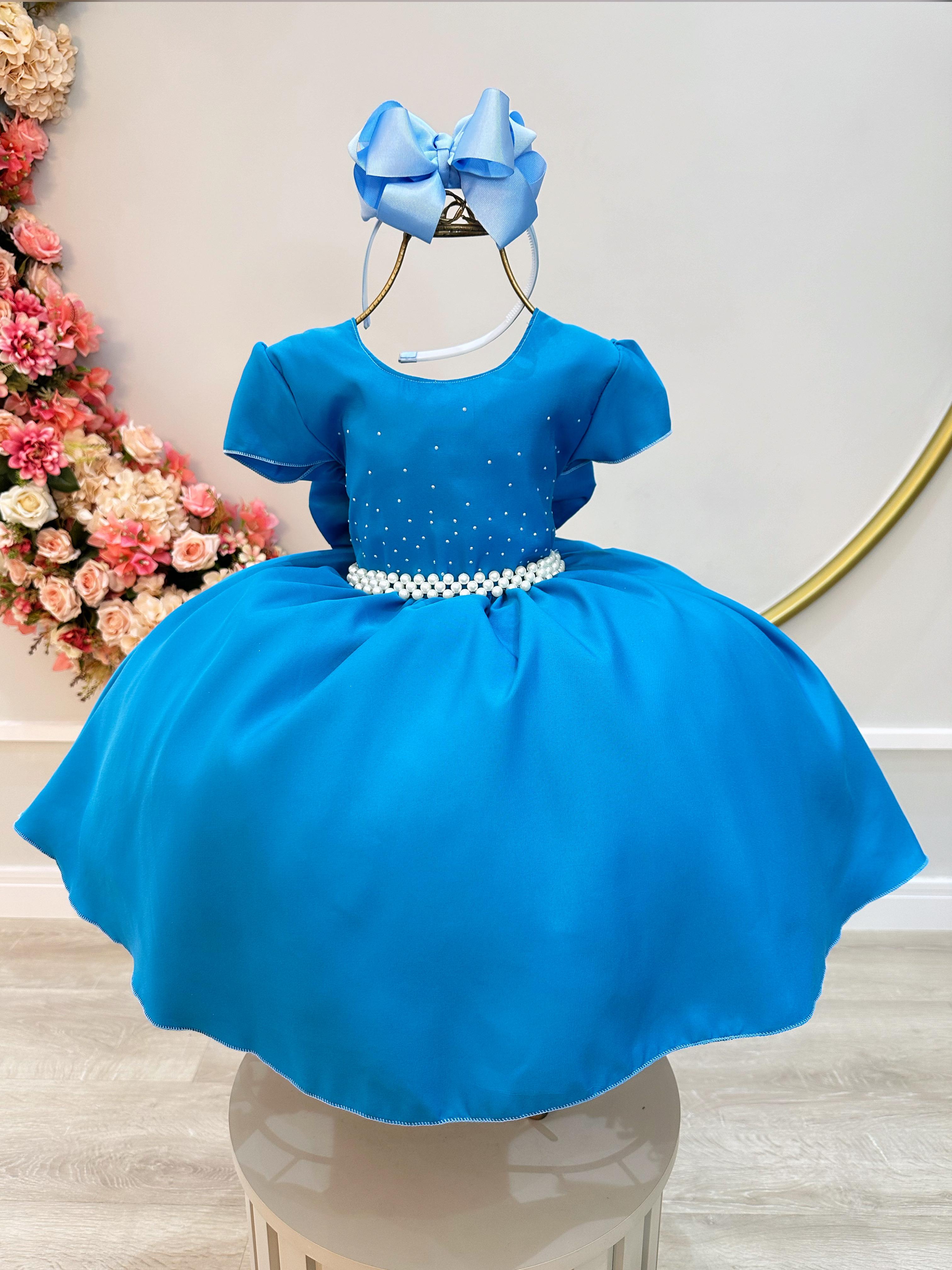 Vestido Infantil Azul Busto Com Strass Luxo Daminhas