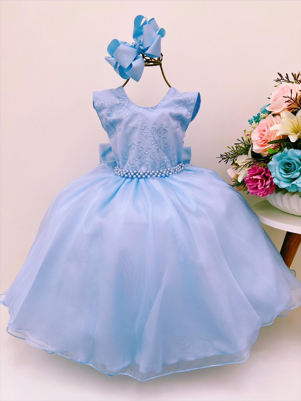 Vestido Infantil Azul Batizado Renda Voal Cinto Pérolas