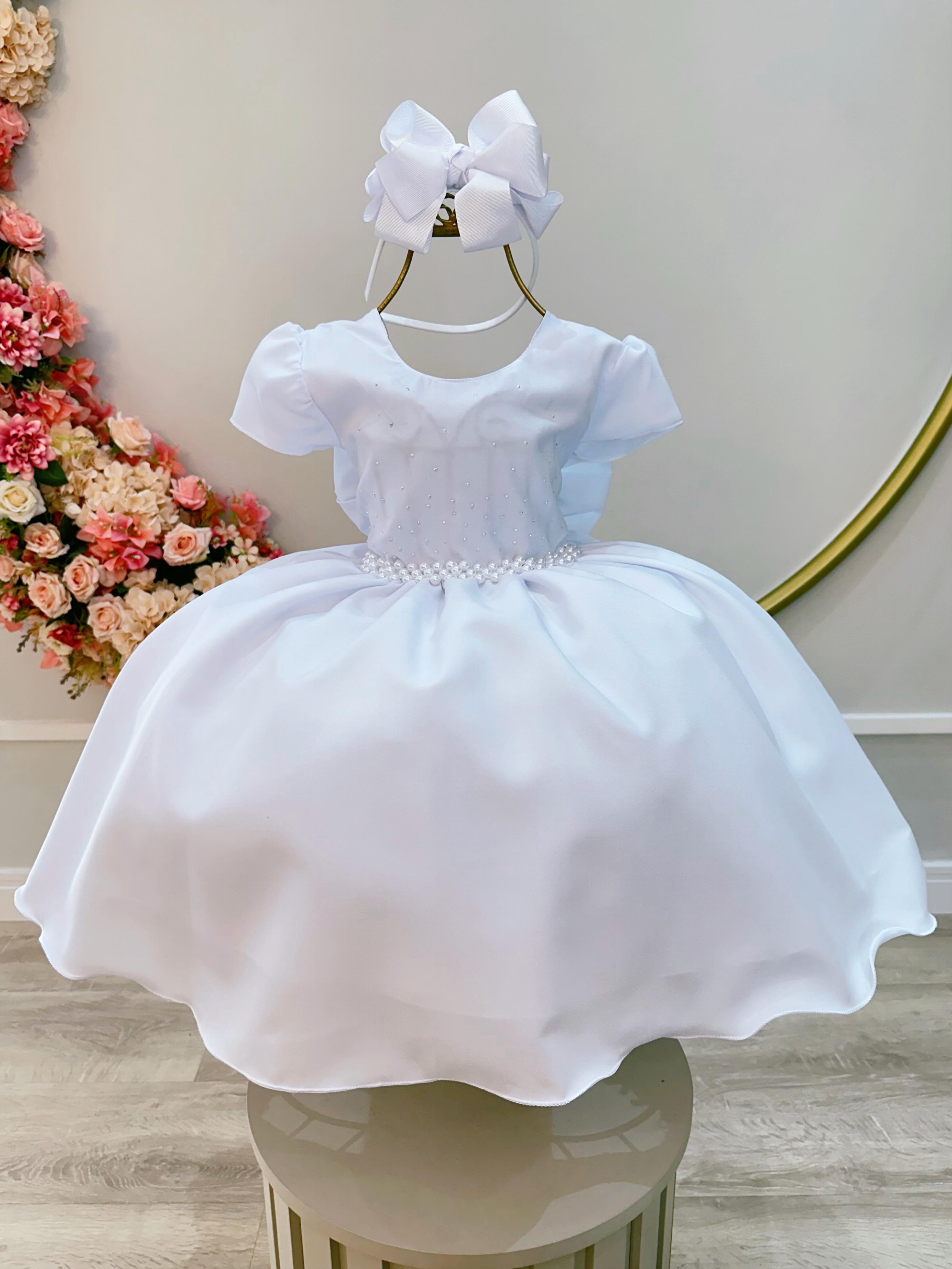 Vestido Infantil Branco Busto Com Strass Luxo Daminhas