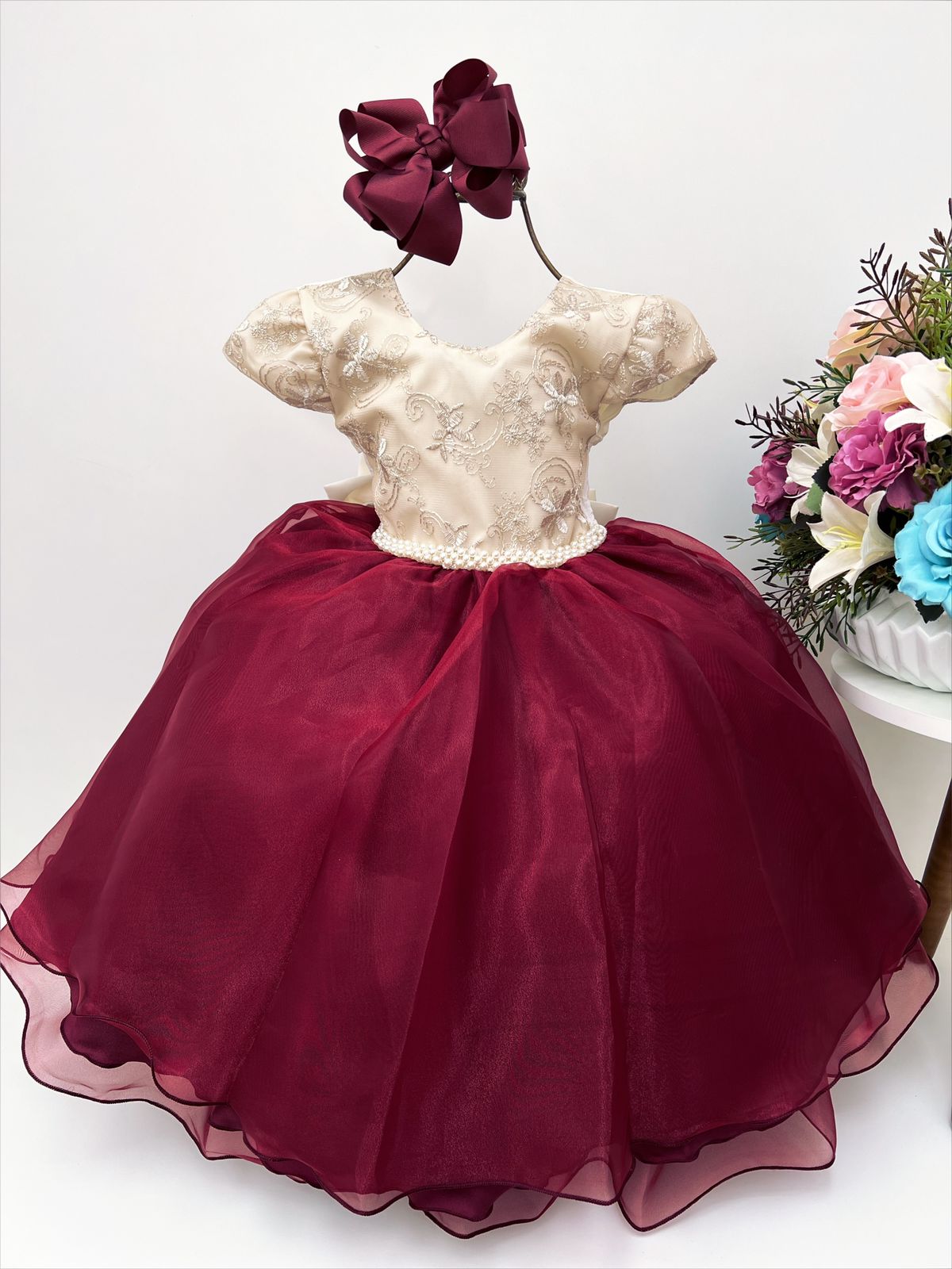 Vestido Infantil Marfim e Marsala Renda de Luxo Festas